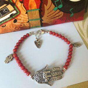 Sterling Silver Lucky Hamsa Bracelet With Red Coral Beads Dangle Charms Heart